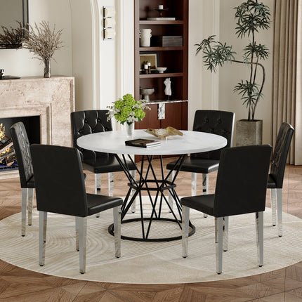 Table and chair set. A circular white MDF dining table with a diameter of 47.3 inches,black hourglass shaped metal brackets.Paired with 6 black PU dining chairs: ergonomic buckle backrest.
