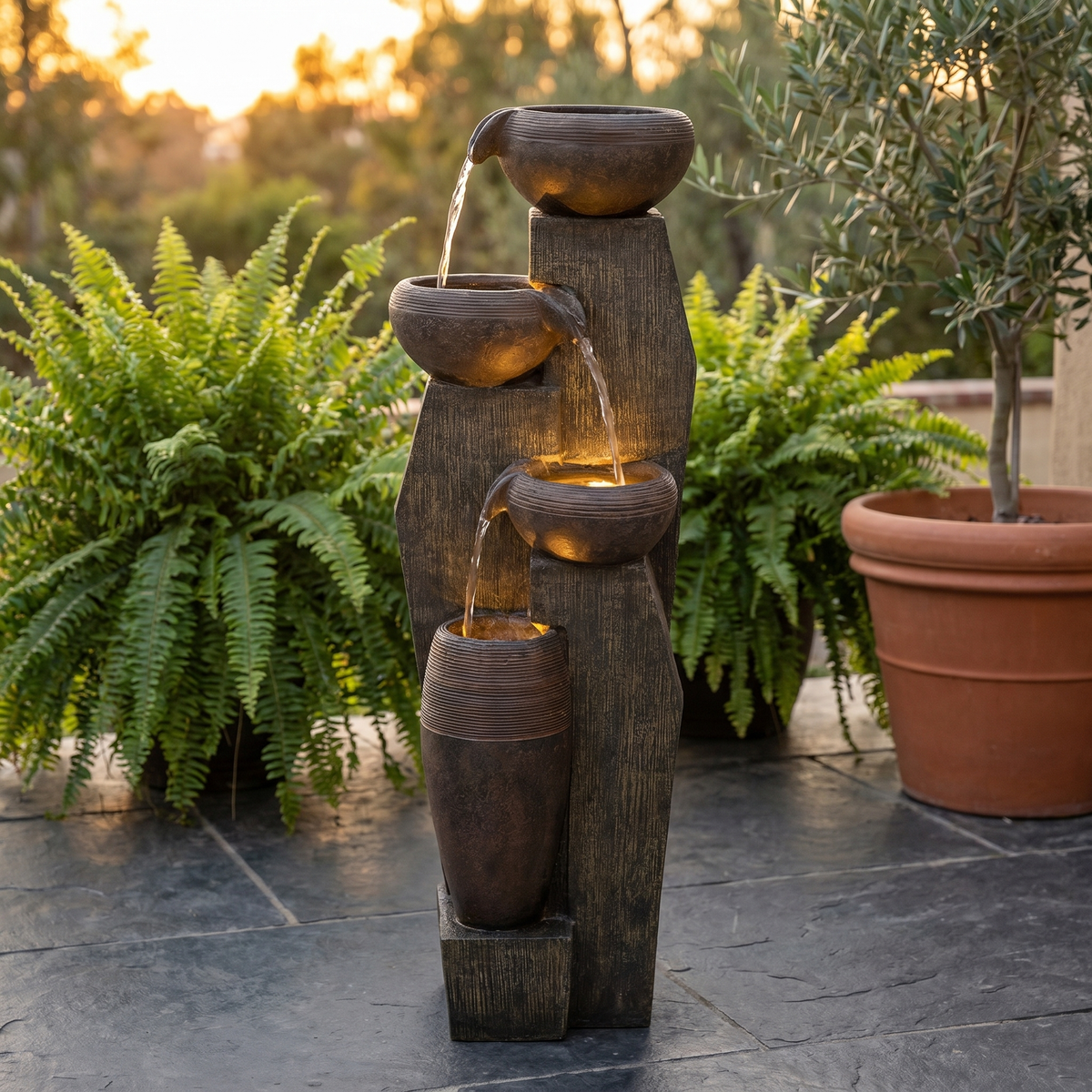 Outdoor Water Fountain 33.1', Tall 4-Tier Bowl Fountain with Warm LED Lights, Rustic Resin Cascading Water Feature, Quiet Pump for Patio Garden Porch Balcony Backyard Decor