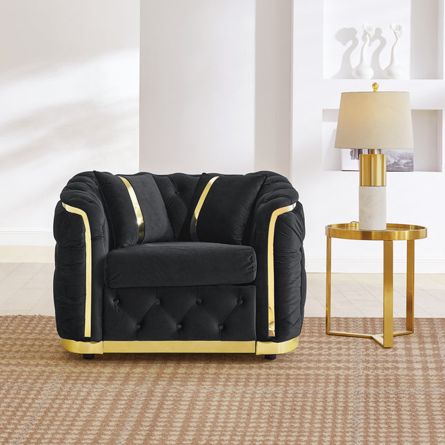40.6 Inches Mid Century Modern Chesterfield 1-Seater Sofa, Luxury Velvet White and Gold Couch for Living Room Tufted Armchair with Stainless Steel Decoration & 2 Pillow, Black