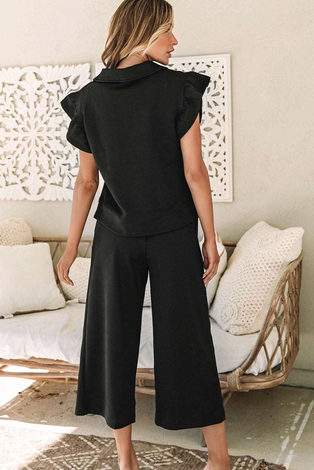 Black Plus Ruffled Sleeve Quarter Zip Top & Wide Leg Pants Set