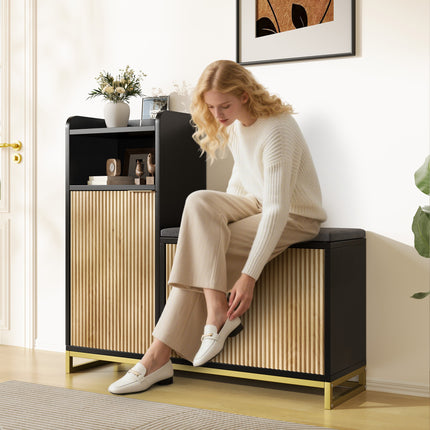 Vividwood L-Shaped Shoe Storage Bench with Flip Drawer & Adjustable Wave Shelves, 39''W Entryway Bench with Machine-Washable Cushion, Rustic Wood-Look Top & Steel Frame for Hallway, Living Room, Black