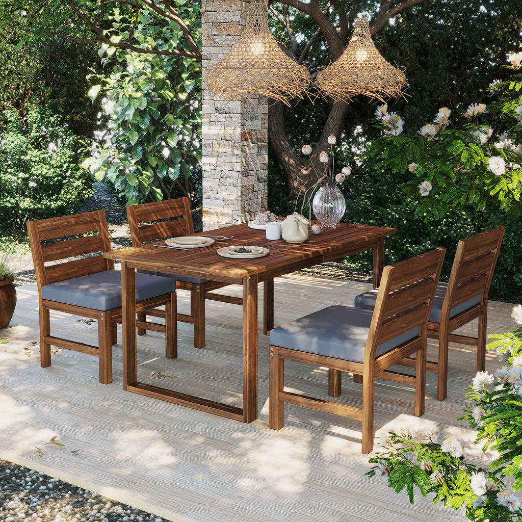 U_STYLE Farmhouse 5-Piece Outdoor Patio Dining Set with Adjustable Legs,Acacia Wood Dinning Set for 4,Suitable for Backyard, Garden, or Deck