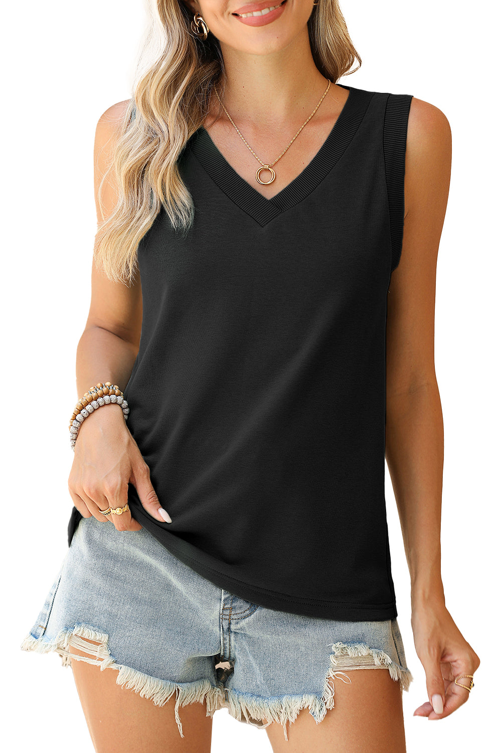 Mist Green Contrast Trim V-Neck Loose Fit Tank Top - Eloy Royal