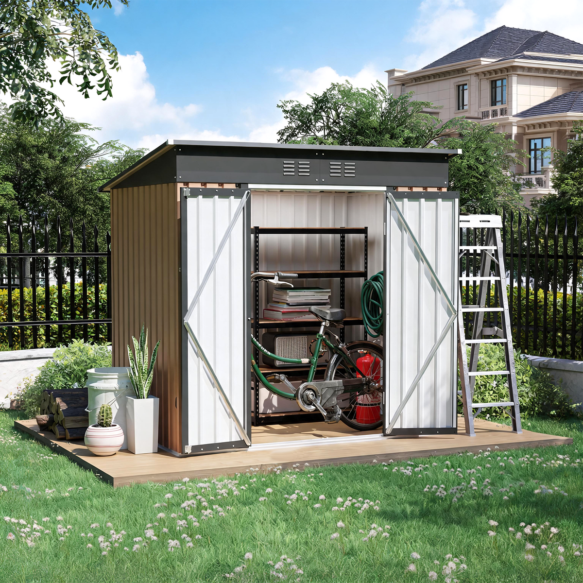 6x4 FT Metal Garden Shed  with Hinge Door Pent Roof,Brown Storage Shed for Patio Backyard