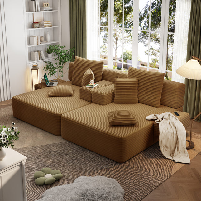 Oversized Double Chaise Lounge 2-Piece Set, Luxurious Plush Corduroy Convertible Sofa Bed with 6 Pillows and Storage Pocket, for Small Spaces,Home Theater, Living Room, Camel
