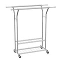 Clothes Rack, Rolling Clothing Garment Rack with 2 Hanging Rods and 2 Storage Shelves, 264 lbs Load Capacity, Adjustable Height Carbon Steel Clothing Racks for Bedroom, Laundry, Living Room