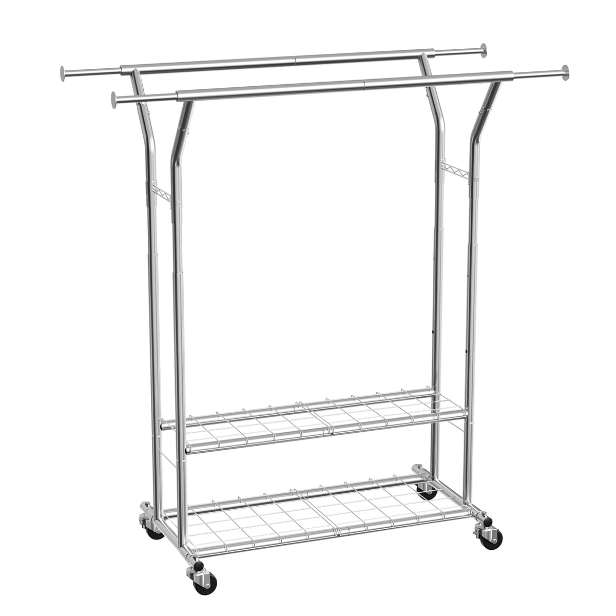 Clothes Rack, Rolling Clothing Garment Rack with 2 Hanging Rods and 2 Storage Shelves, 264 lbs Load Capacity, Adjustable Height Carbon Steel Clothing Racks for Bedroom, Laundry, Living Room