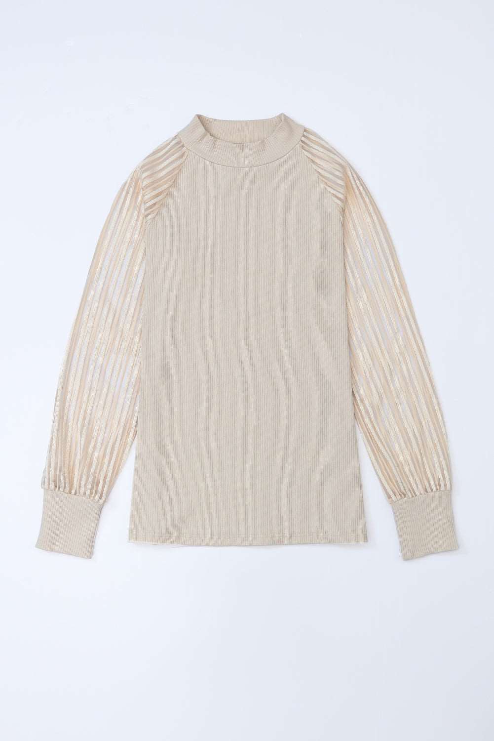 Apricot Ribbed Solid Color Striped Mesh Long Sleeve Top