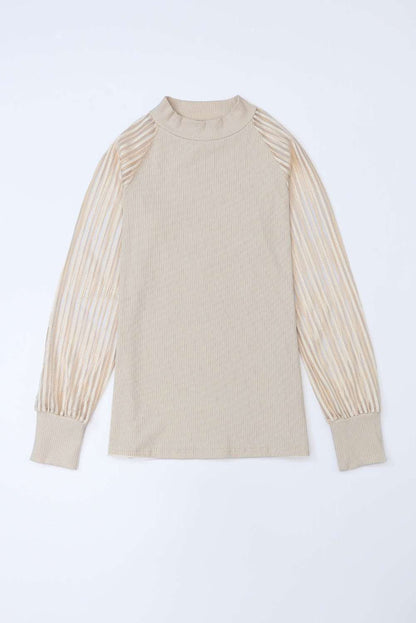 Apricot Ribbed Solid Color Striped Mesh Long Sleeve Top