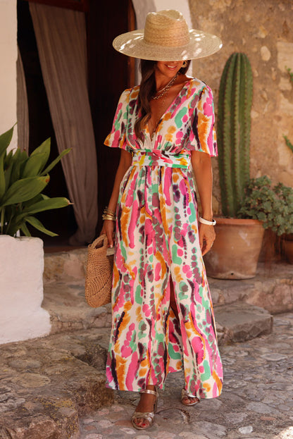 Pink Boho Tie Dye Print V Neck Side Split Maxi Dress - Eloy Royal