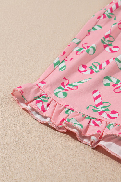 Pink Christmas Candy Cane Print Knotted Pajama Set