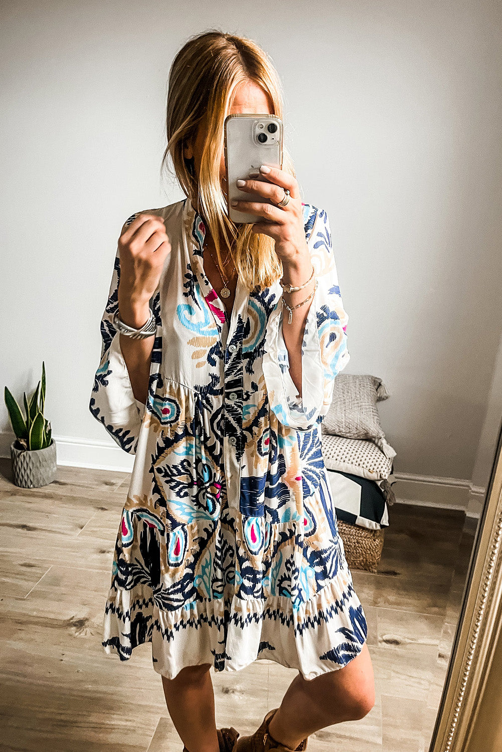 White Ethnic Print Boho Button Tiered Mini Dress - Eloy Royal