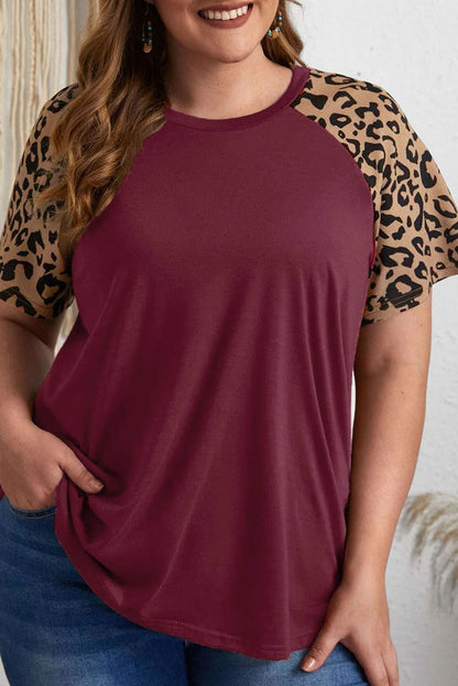 Burgundy Contrast Leopard Raglan Sleeve Plus Size T-shirt - Eloy Royal