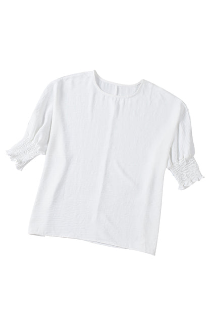 White Plain & Casual Shirred Cuffs Half Sleeve Top - Eloy Royal