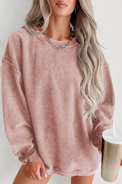 Pink Solid Ribbed Round Neck Pullover Sweatshirt