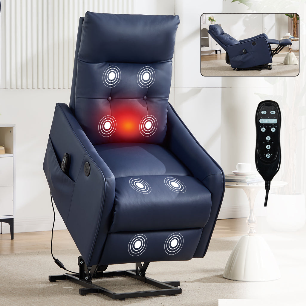 Deep Blue PU Single Motor Power Lift Recliner Chair with Massage and Heat for Elderly, Heavy Duty Motion Mechanism and One USB for Charging, Max Reclining Angle 155°