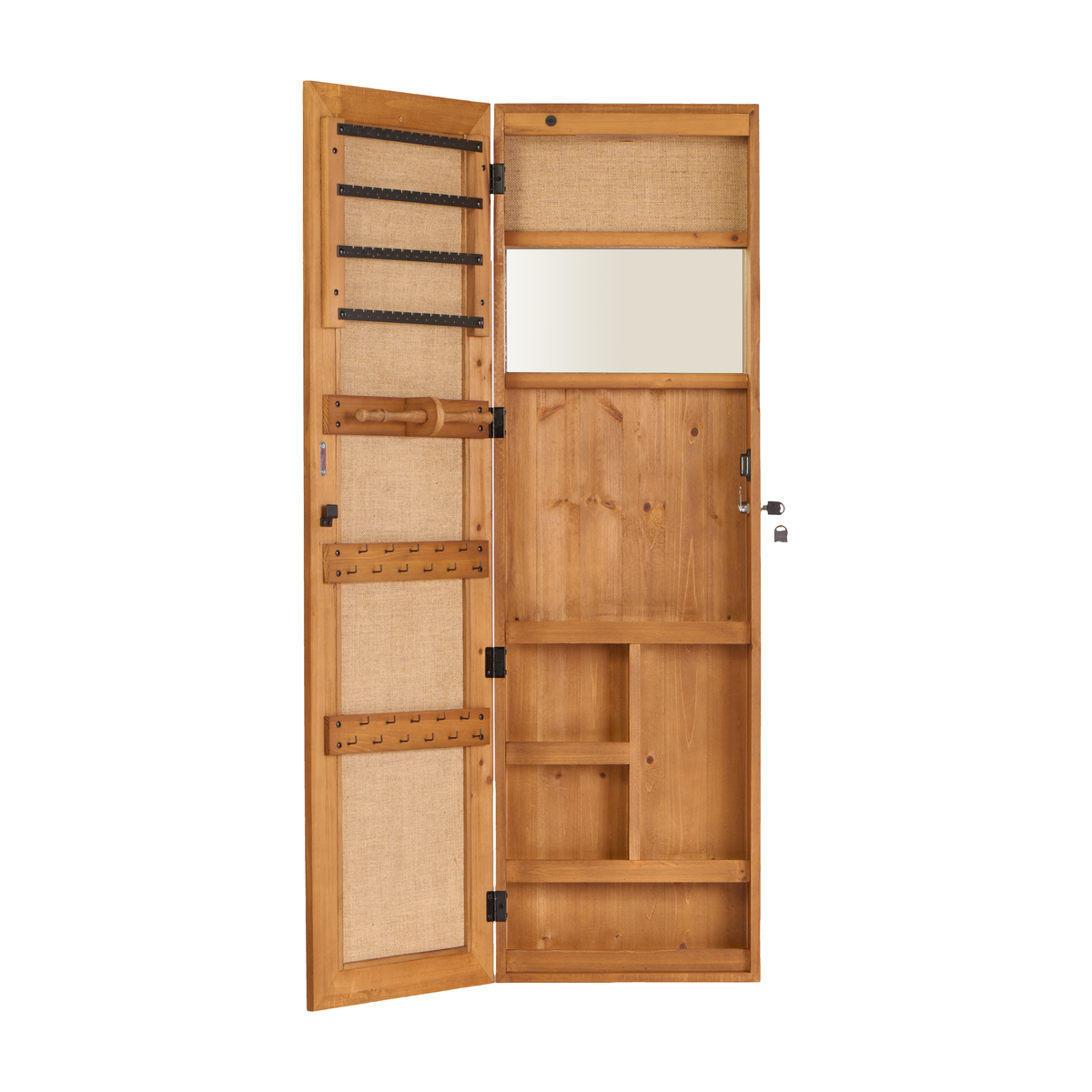 Solid Wood Jewelry Armoire Organizer Cabinet with Full-Length Mirror, Light Brown, 47.5x14.3 in Wall-Mounted Lockable with LED Light