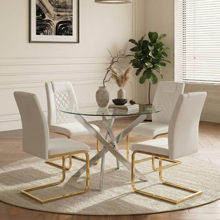 Round Glass Dining Table Set for 4, 35.5' Glass Dining Table with Gold Legs, Modern Kitchen Table for Home Kitchen(silver table and gold chairs)