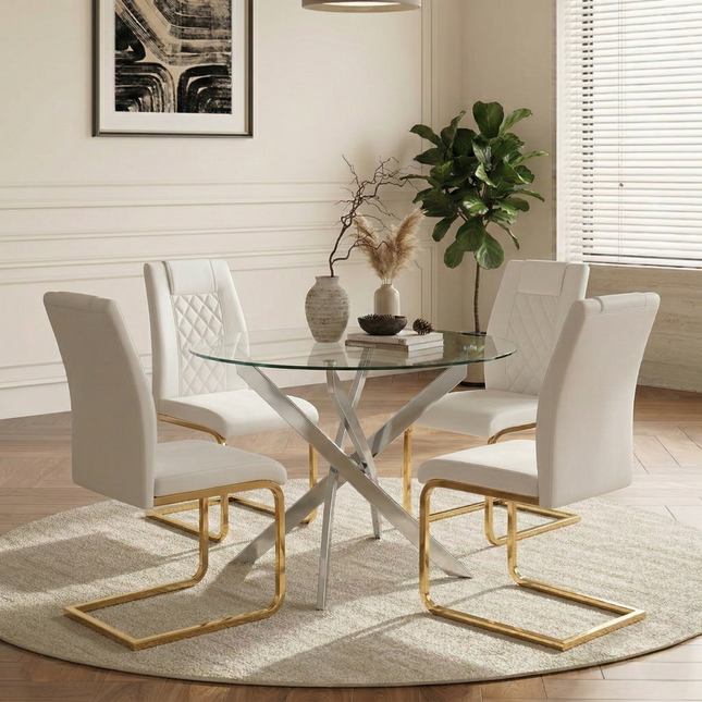Round Glass Dining Table Set for 4, 35.5' Glass Dining Table with Gold Legs, Modern Kitchen Table for Home Kitchen(silver table and gold chairs)