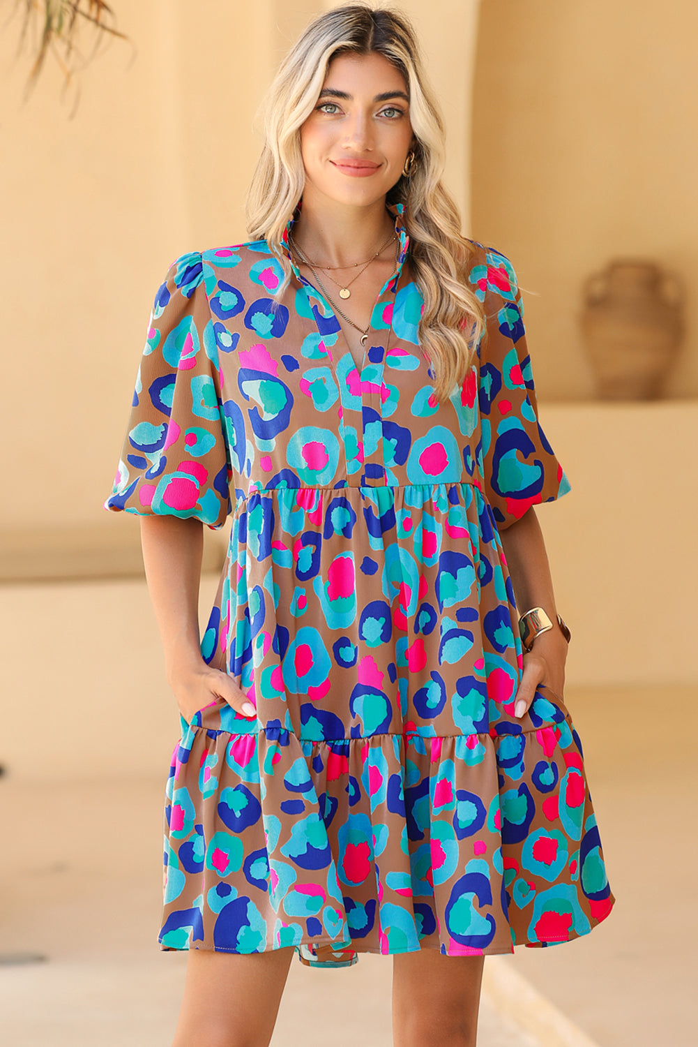 Green Waterclolor Print Bubble Sleeve Frilled V Neck Mini Ruffle Dress - Eloy Royal