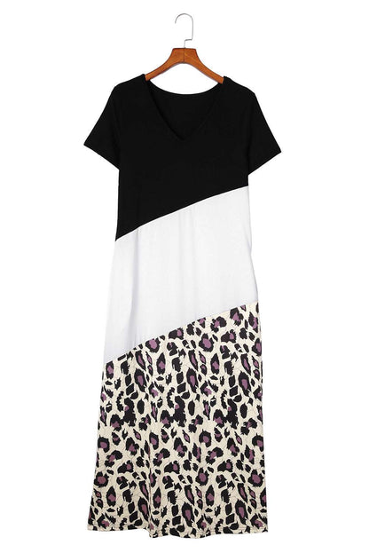 Black Leopard Color Block Side Slit T Shirt Maxi Dress