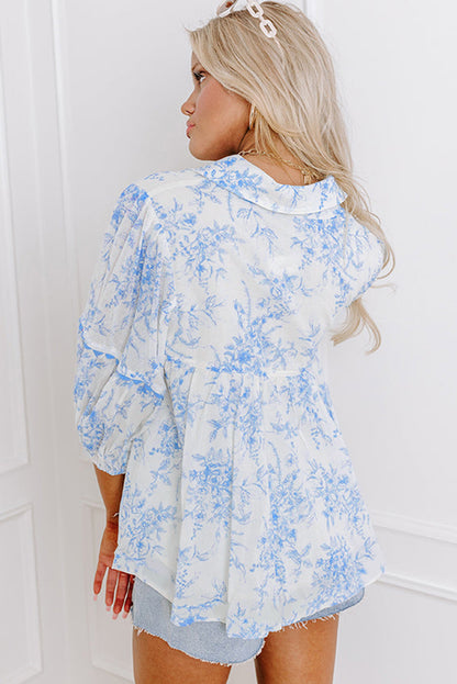 Sky Blue Floral 3/4 Sleeve Lace-up Collar Blouse