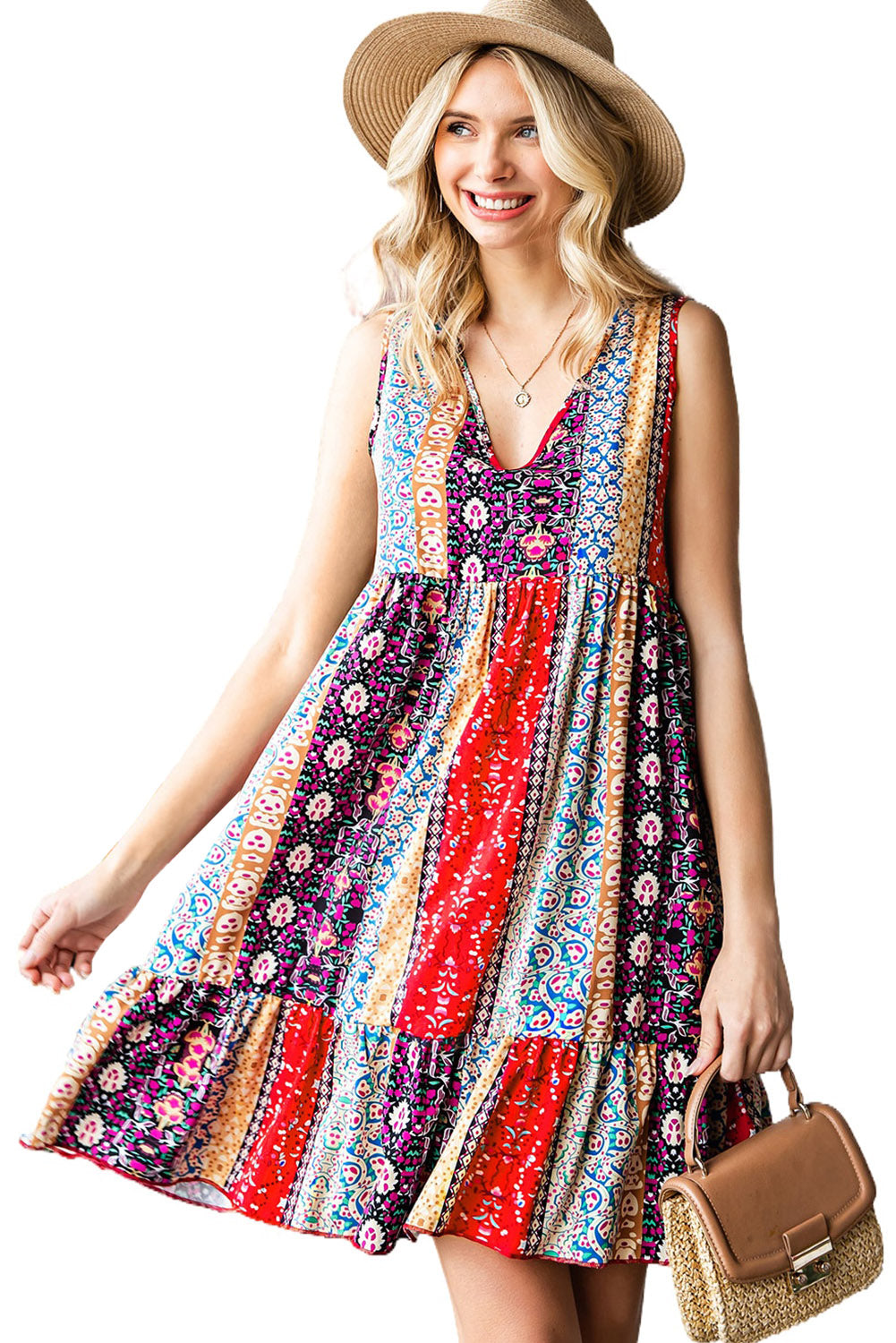 Floral Print Sleeveless Flounce Hem V Neck Short Boho Dress - Eloy Royal