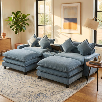 111 in Sectional Sofa Chenille Upholstered Sofa with Two Removable Ottoman