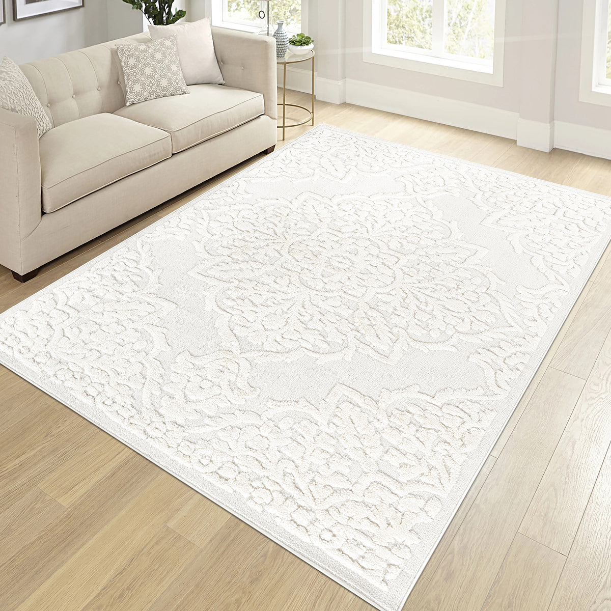 Step Collection High-Low Medallion Cream/Cream Indoor Area Rug, 7'9''x10', Non-Shedding & Easy to Clean, Ideal for Living Room, Bedroom, Dining Space, 120*93 inch