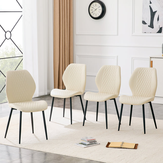 Set of 4 modern light luxury white diamond-quilted PU chairs with black metal legs. Suitable as upholstered dining chairs with backrests for dining rooms, adaptable to a wide range of scenarios.