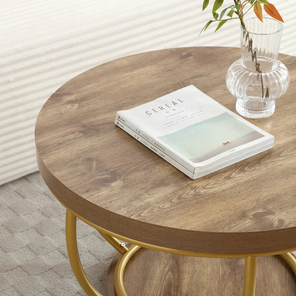 31' Round Industrial Coffee Table with 2-Tier Storage Shelves, Modern Wood & Golden Metal Accent Center Table for Living Room, Home Office – Easy Assembly - Eloy Royal