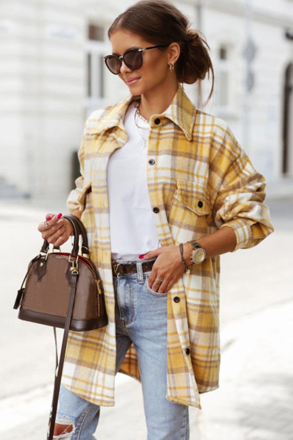 Red Plaid Flap Pocket Long Sleeve Oversized Shacket - Eloy Royal