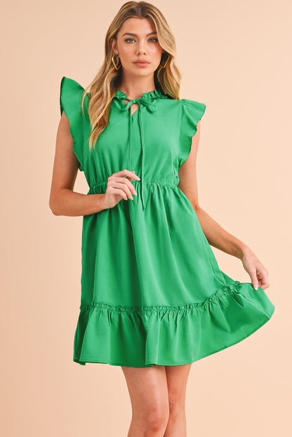 Bright Green Split V Neck Elastic Waist Ruffled Mini Dress - Eloy Royal