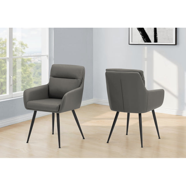 Dining Chair, 34' Height, Set Of 2, Upholstered, Side, Dining Room, Kitchen, Grey Leather Look, Black Metal, Contemporary, Modern