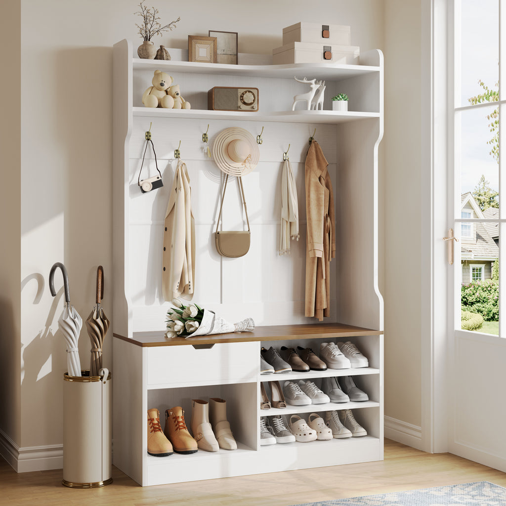 Hall Tree with Bench, 5-in-1 Entryway Storage, 3-Layer Flip Shoe Cabinet, 7 Coat Hooks, Drawer, 42.9' x 15.94' x 70.86', Country White