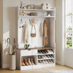 Hall Tree with Bench, 5-in-1 Entryway Storage, 3-Layer Flip Shoe Cabinet, 7 Coat Hooks, Drawer, 42.9' x 15.94' x 70.86', Country White