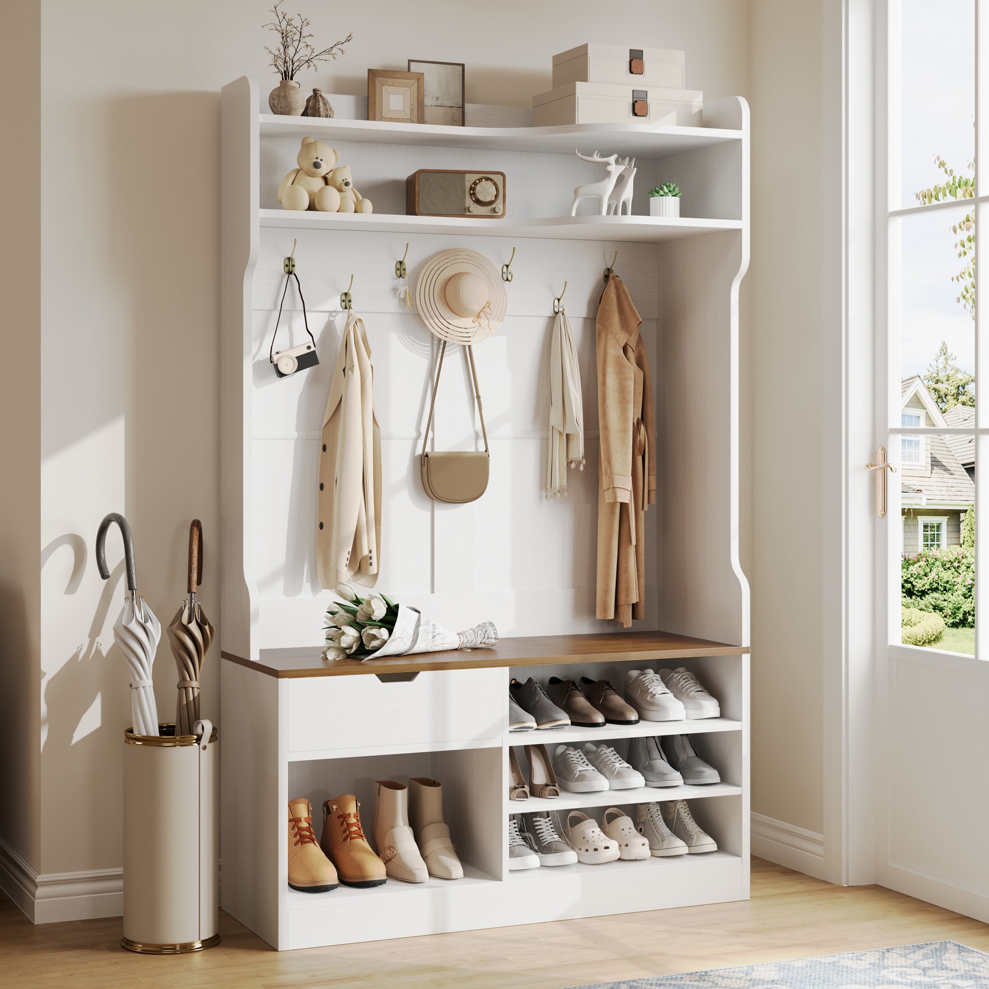 Hall Tree with Bench, 5-in-1 Entryway Storage, 3-Layer Flip Shoe Cabinet, 7 Coat Hooks, Drawer, 42.9' x 15.94' x 70.86', Country White