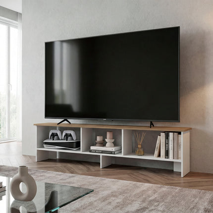 Blacksburg Modern TV Stand for 60 Inch TV, White and Natural Wood Entertainment Center with Open Storage Shelves for Living Room, Media Console Table