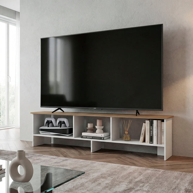 Blacksburg Modern TV Stand for 60 Inch TV, White and Natural Wood Entertainment Center with Open Storage Shelves for Living Room, Media Console Table