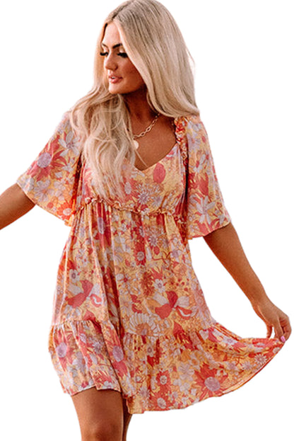 Orange Wide Flutter Sleeve V Neck Floral Dress - Eloy Royal