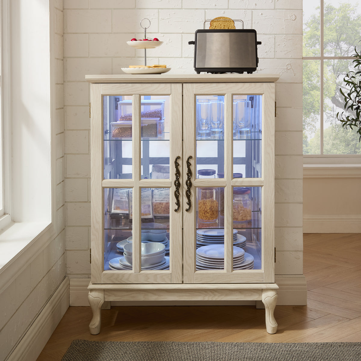 White Glass Storage Cabinet with Full-Color RGB Light Strip & 2 Adjustable Shelves – Grid Door Buffet Sideboard with Magnetic Catch for Dining Room, Living Room, Bedroom