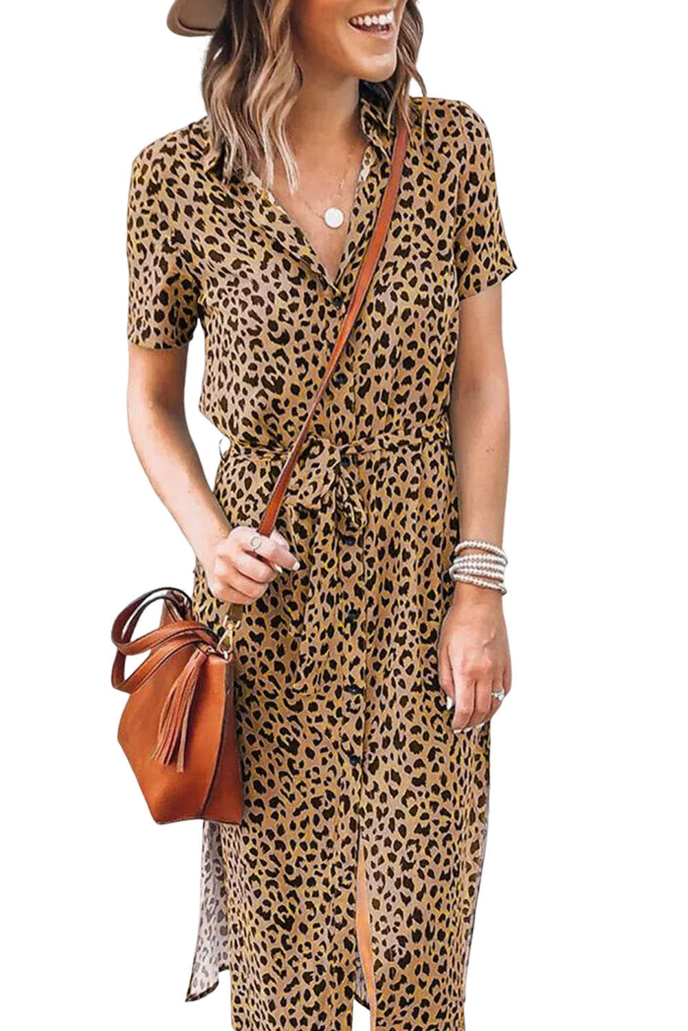 Khaki Leopard Print Waist Belted Button Up Shirt Dress - Eloy Royal