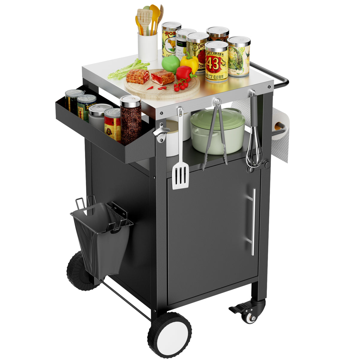 Outdoor Grill Cart with Patio Furniture, Outdoor Grill Table with Storage,Rolling Bar Cart Outdoor BBQ Cart with  Hooks and Spice Rack for Grilling Accessories, Black (W3190P271486)