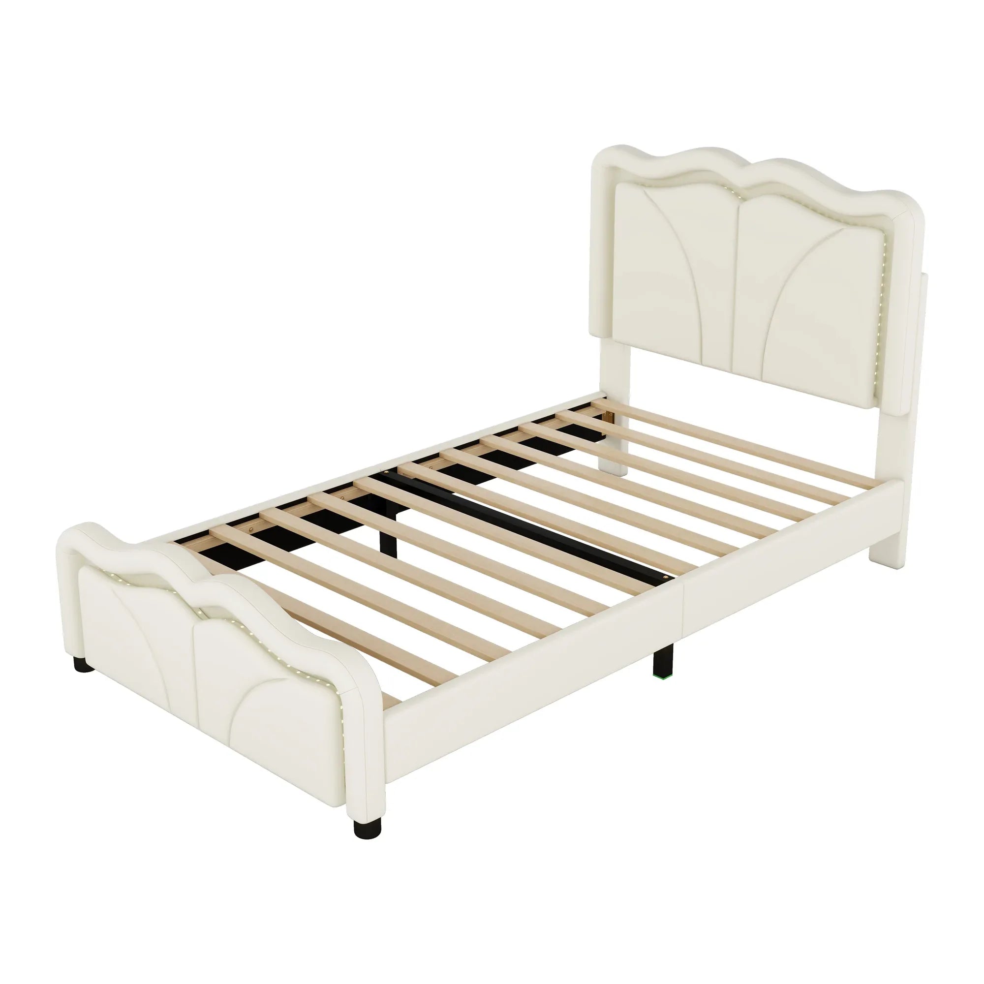 Twin Size Upholstered Platform Bed with Curved Adjustable Headboard and LED Lights, White, Pine Wood MDF PU - Eloy Royal