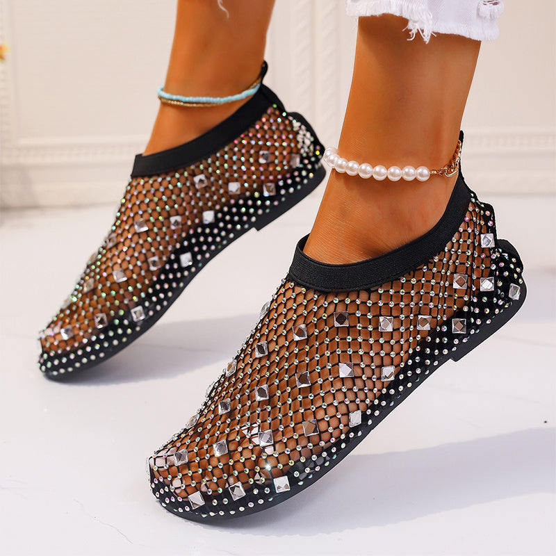 Fashion Mesh Flat Sandals With Colorful Rhinestone Design Summer New Round Toe Beach Shoes For Women - Eloy Royal