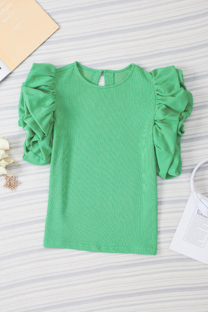 Green Solid Color Ruffle Sleeve Ribbed Blouse - Eloy Royal