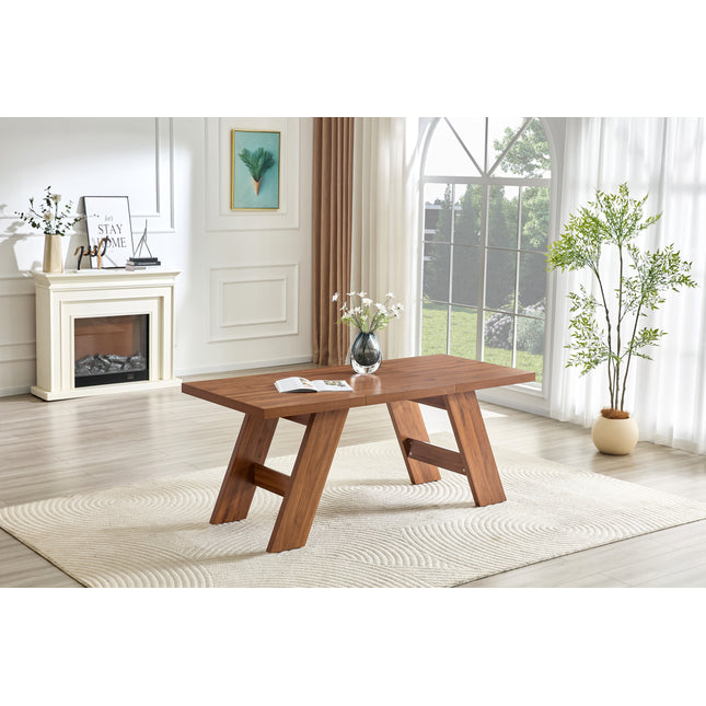 71×31.5inches Walnut Wood Grain MDF Splicing Rectangular Dining Table.Double-panel outward-sloping table legs.Modern dining table for home use.Accommodates 6-8 people, versatile for multiple scenarios