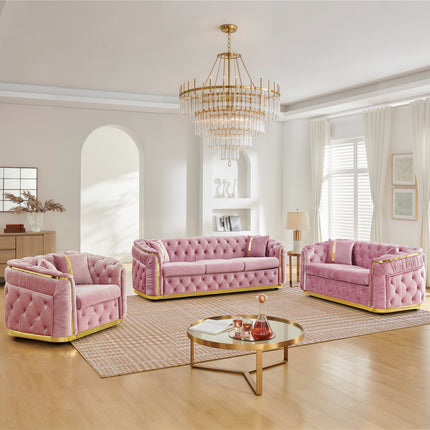 3 Piece Pink Velvet Luxury Chesterfield Couch Set, 84.6' 3 Seater, 62.6' Loveseat & 40.6' 1-Seater Sofa Set for Living Room with Gold Stainless Steel Decoration and 6 Pillows, Pink