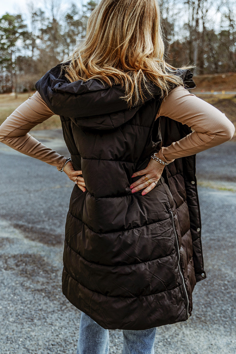 Black Hooded Pocketed Quilted Long Vest Coat - Eloy Royal