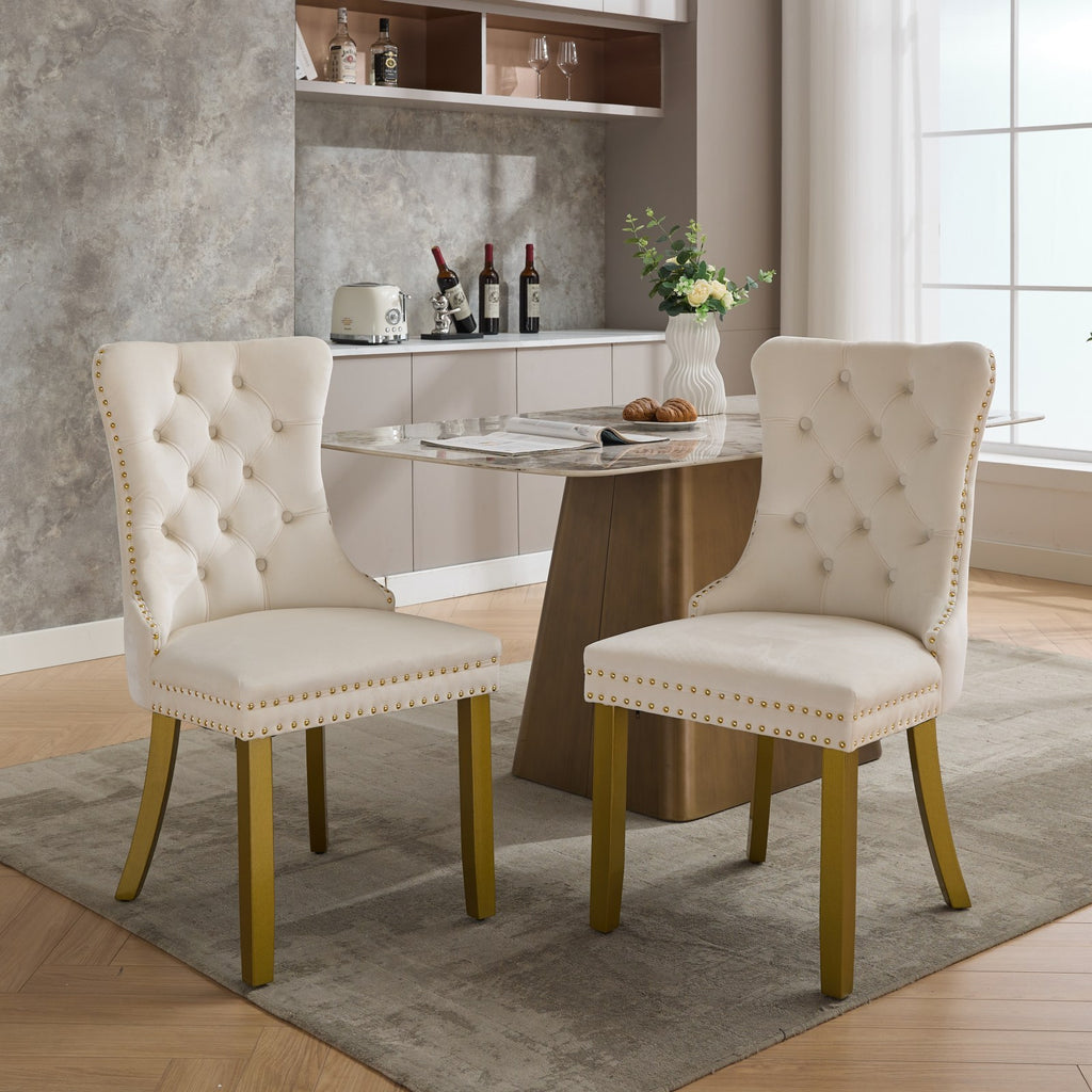 A&A Furniture, Nikki Collection Modern, High-end Tufted Solid Wood Contemporary Velvet Upholstered Dining Chair with golden Wood Legs Nailhead Trim 2-Pcs Set, Milky White,SW1401MW